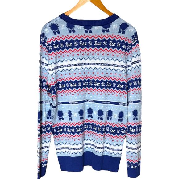 Pabst Blue Ribbon Ugly Christmas Holiday Sweater Blue Red Large - Picture 3 of 3